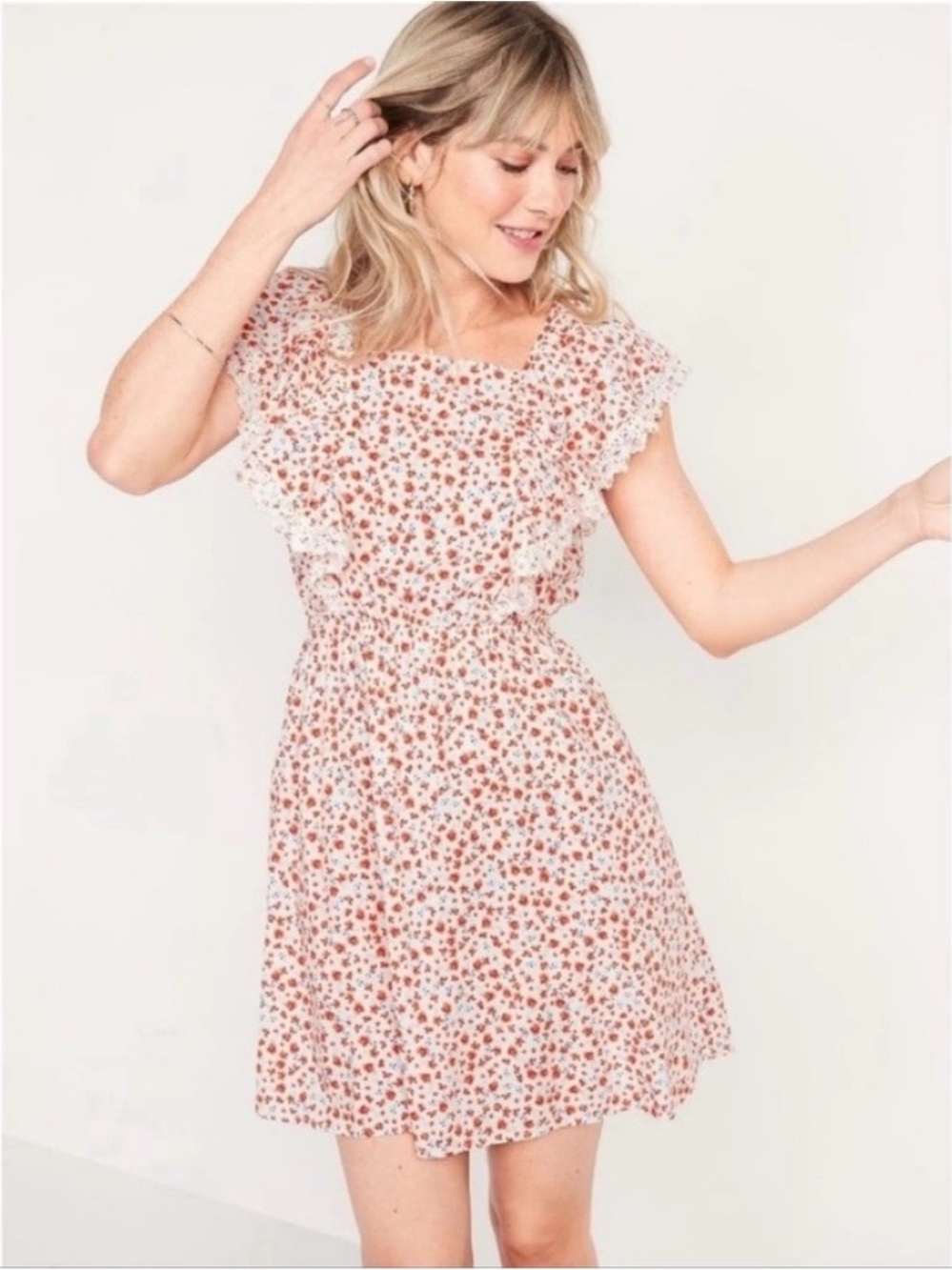 Old Navy Flutter Sleeve Mini Dress with Coral Floral Print Womens Size L